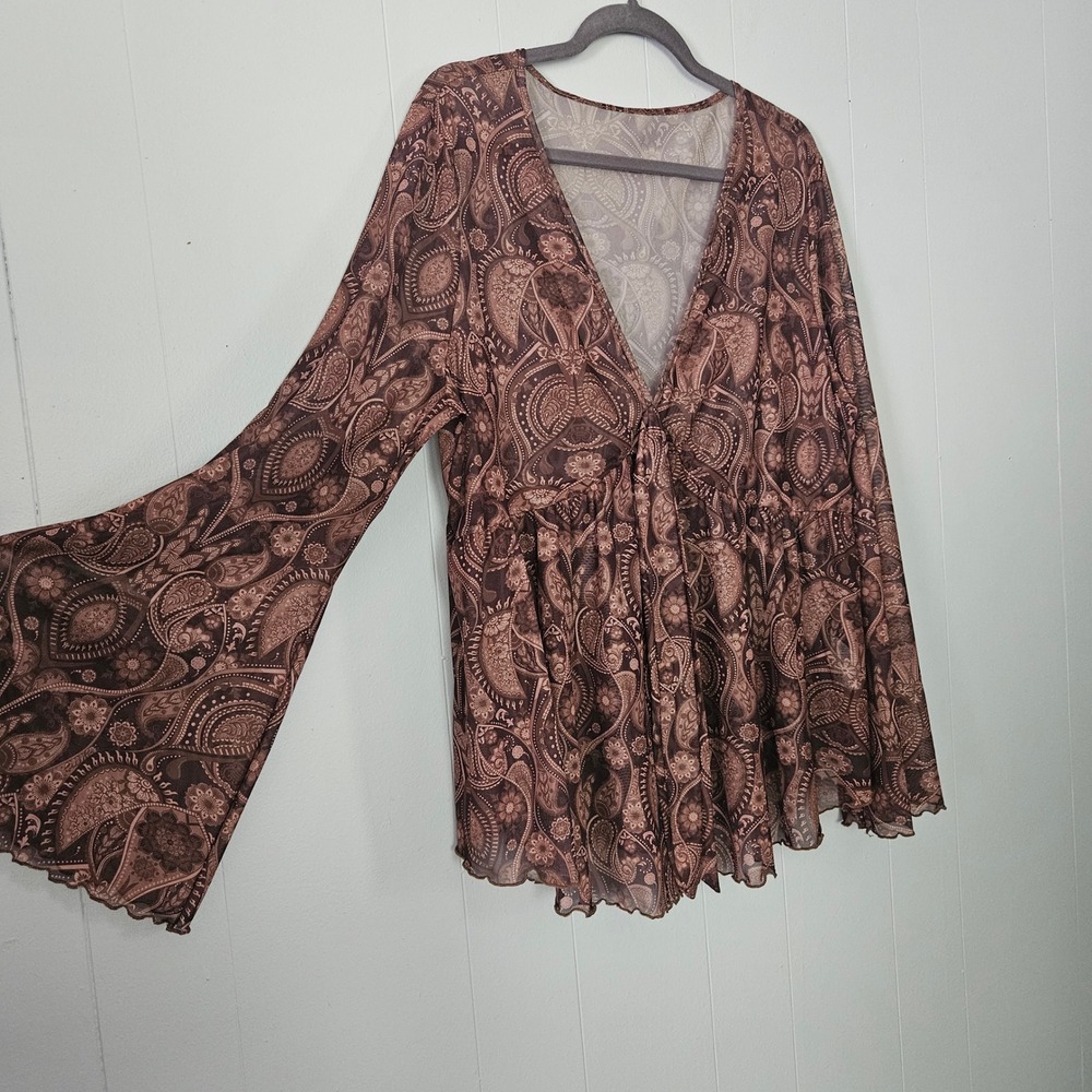 Shein Curve‎ Paisley Mesh Top Brown Bell Sleeve Tie Front Fairy Boho Whimsigoth